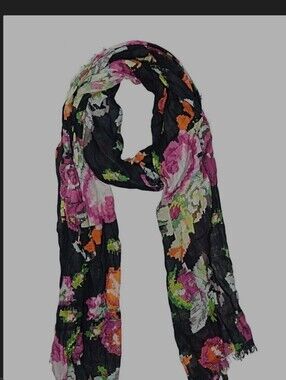 Cejon Black Floral Scarf with Pink, Orange & Green Accents